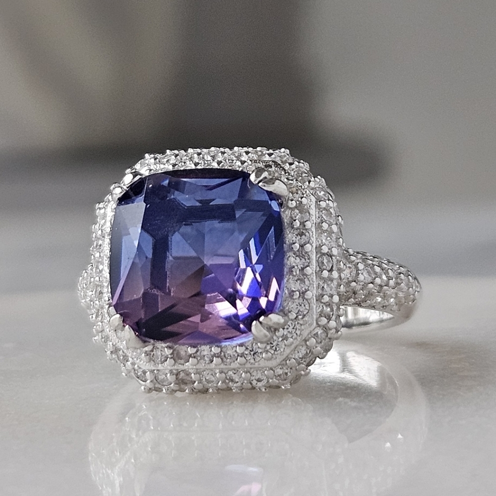 Pink & Purple Cushion Square Gemstone Ring, real 925 Sterling Silver